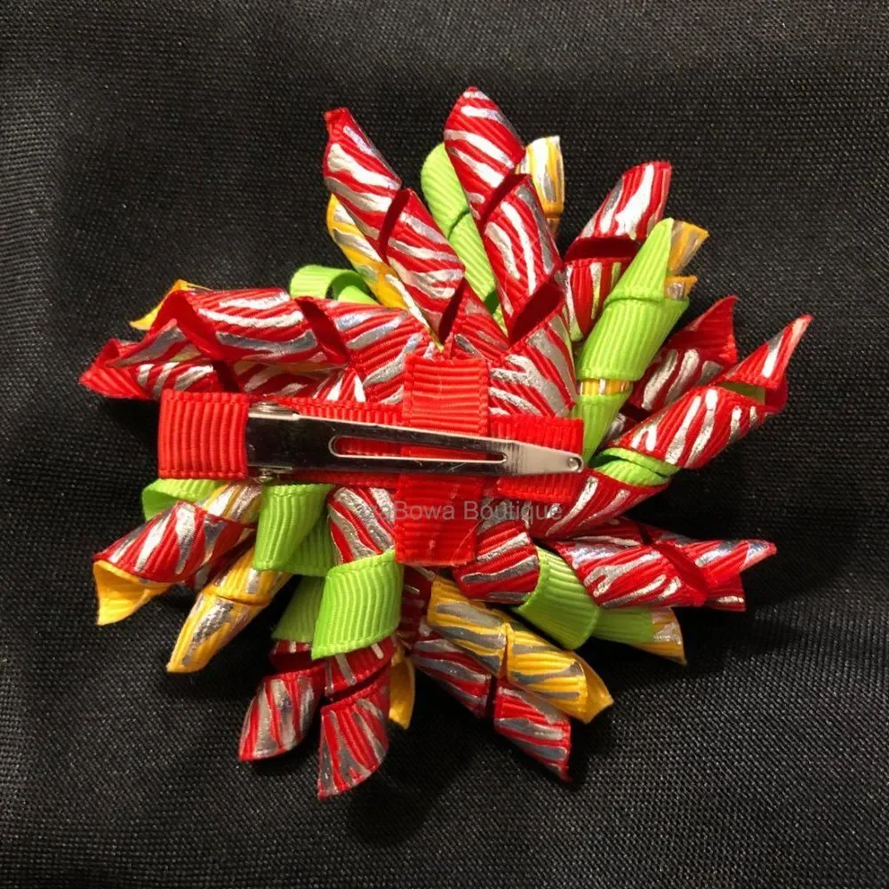 Red, Green & Yellow Zebra Korker Bow  (2)  4B2103  Handmade NWT Boutique